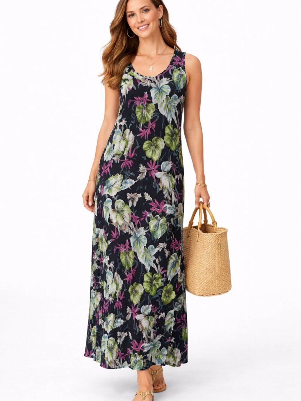 J. Jill Wearever Floral Maxi Dress Sleeveless Summer Botanical XL TALL Vacation